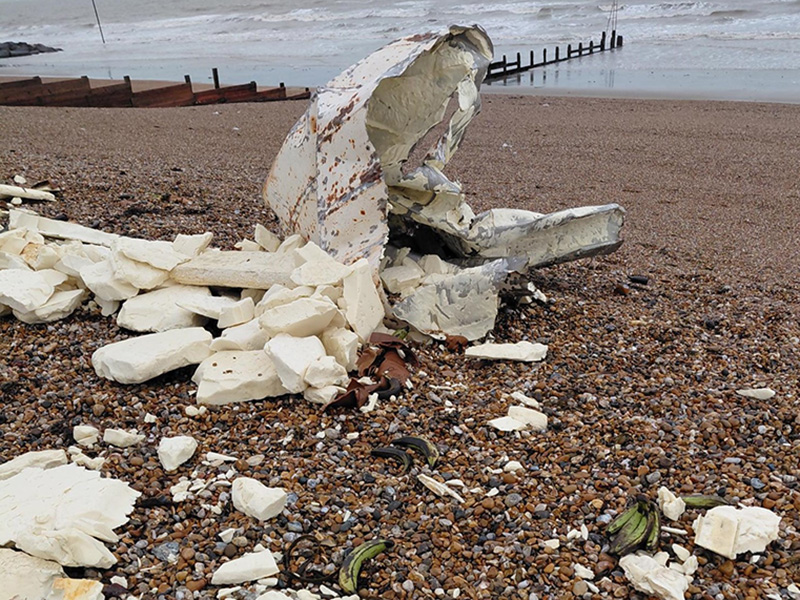 Insulation foam and bananas on Bognor beach © Polly Kitson