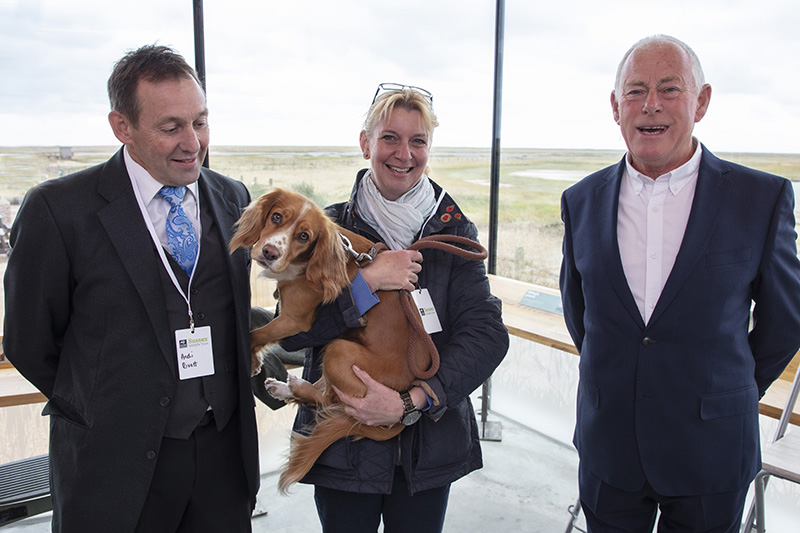 l/r Andi Rivett, Deputy Mayor of Rye, Rebekah Gilbert, Mayor of Rye, Cliff Dean, Chair of the Friends of Rye Harbour Nature Reserve. Sophie the dog