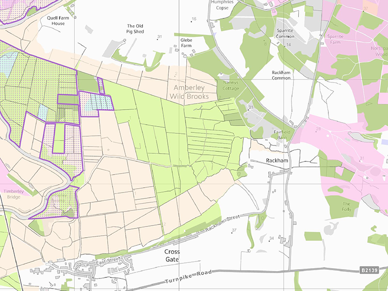 Priority habitats in the Amberley Wildbrooks area (SWT reserve in purple stippling © Ordnance Survey & Natural England Priority habitats in the Amberley Wildbrooks area (SWT reserve in purple stippling © Ordnance Survey & Natural England