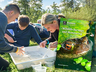 Surveying for otters, with inset image of guide by Laurie Jackson
